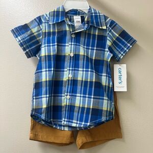 Carter's Baby Toddler Boys Matching Set Plaid Shirt Khaki Shorts 12M NWT